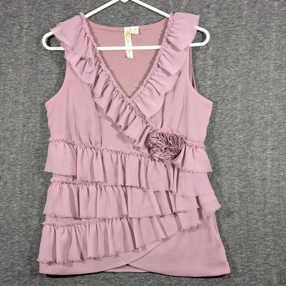 Adiva Womens Ruffle Rosette V-Neck Sleeveless Top Dusty Rose Mauve Size M